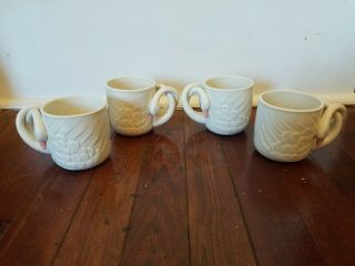Vintage Fitz & Floyd Ceramic Double White Swans Handle Coffee Tea Cup Set (4)