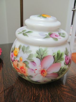 Vintage Fenton White Satin Glass Hand - Ptd Bisquit Candy Jar W/roses