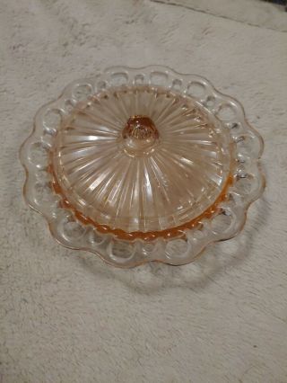 Pink Depression Glass Covered Dish Open Lace