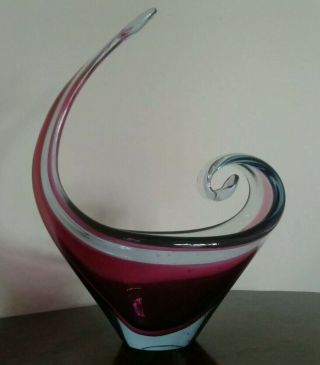 Vintage Retro Murano Art Glass Swirl Dish In Dark Pink Coloured & Clear Glass