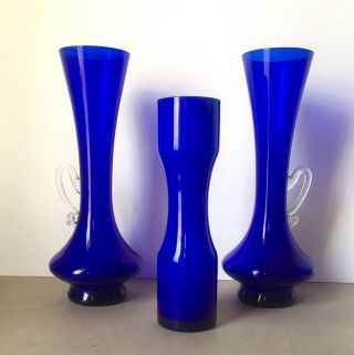 Pair Vintage Empoli Cobalt Blue Glass Vases With Small Clear Glass Handle Italy
