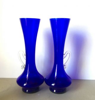 Pair Vintage Empoli Cobalt Blue Glass Vases with Small Clear Glass Handle Italy 2