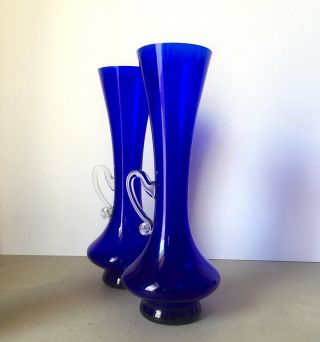 Pair Vintage Empoli Cobalt Blue Glass Vases with Small Clear Glass Handle Italy 3