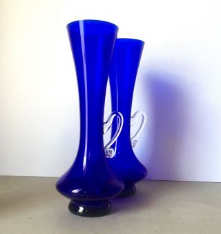 Pair Vintage Empoli Cobalt Blue Glass Vases with Small Clear Glass Handle Italy 4