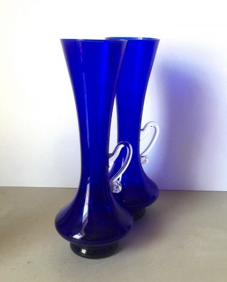Pair Vintage Empoli Cobalt Blue Glass Vases with Small Clear Glass Handle Italy 5