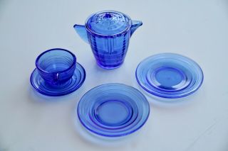 Vintage 6 Pc Set Cobalt Blue Akro Agate Toy Tea Set Childrens Dishes