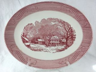Currier & Ives Oval Platter Pink Red White Royal China Old Inn Winter Scene 13 "