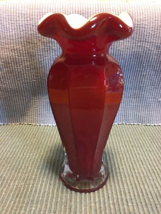 Vintage Fenton Red With White Overlay Cased - Glass Vase