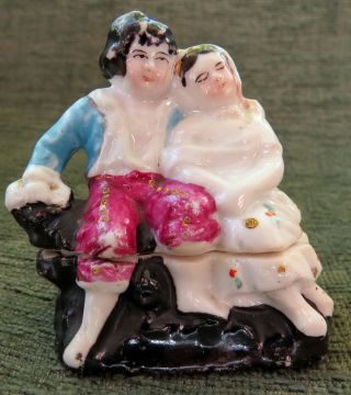 Antique 1865 Staffordshire Figurine Couple Girl Boy Trinket Box Fairing