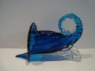 Vintage Mid Century Murano Italian Blue Glass Cornucopia Vase " Horn Of Plenty "