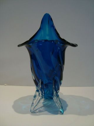 VINTAGE MID CENTURY MURANO ITALIAN BLUE GLASS CORNUCOPIA VASE 