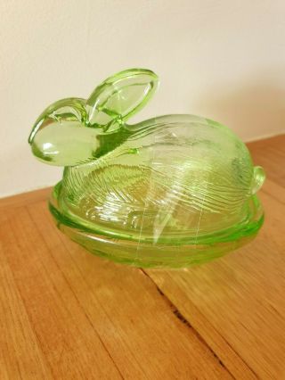 Green Glass Bunny Rabbit On Nest Le Smith Candy Dish Vintage Nut Dish