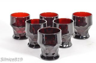 6 Vintage Viking Ruby Red Juice Glasses Georgian Thumbprint Honeycomb