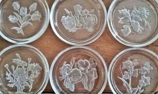 Set Of 6 Deep Etched Val St.  Lambert Crystal Floral Intaglio Coasters.