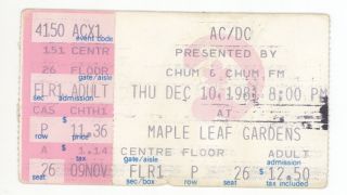 Rare Ac/dc 12/10/81 Toronto Ont Canada Maple Leaf Gardens Concert Ticket Stub