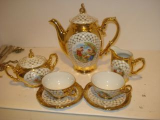 Porcelain " Greek Gods " 22 K Gold Finish Tea Set Bavaria Germany 7 Piece