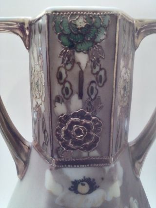 Antique Nouveau Hand Painted Nippon Two Handled Vase,  Poppies & Moriage,  6 Sided 7