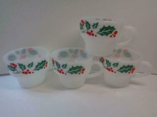 4 Milk Glass Christmas Holly Berry Coffee Tea Cups Mugs Termocrisa Mexico