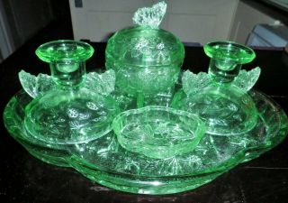 Vintage Sowerby 2552 Patt Green Glass 6 Pce Dressing Table Trinket Set Butterfly