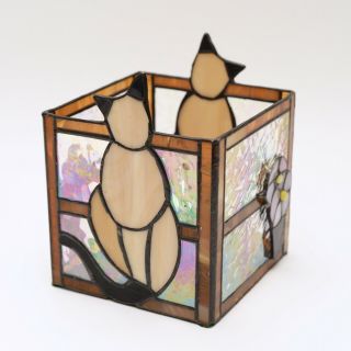 Vintage Siamese Kitty/cat Stained Glass Tissue Box Holder Made In Mexico