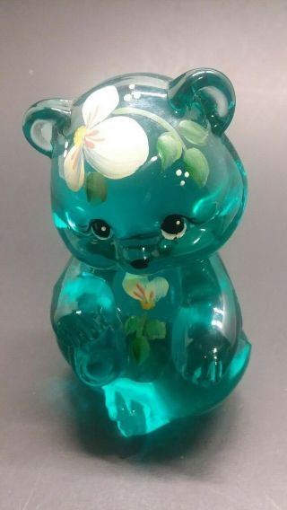 Fenton Art Glass Blue Green Cat W/ Hand Painted Flowers,  Hand Signed P Lauderman