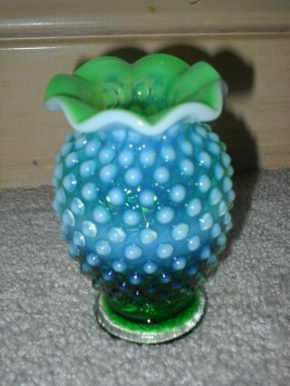 Fenton Green Opalescent Hobnail Small Vase Ruffled Top