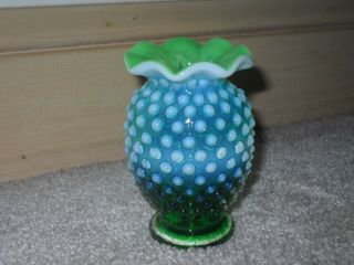 FENTON Green OPALESCENT HOBNAIL Small Vase Ruffled Top 2