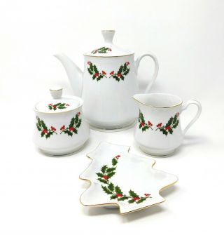 Older " All The Trimmings " Christmas Holly Coffee Pot Creamer Sugar Tree Dish