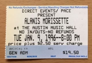 1996 Alanis Morissette Jagged Little Pill Tour Austin Texas Concert Ticket Stub