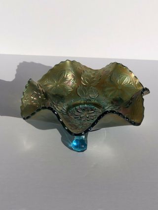 Antique Fenton Water Lily Aqua/teal Blue Carnival Glass Footed Sauce Bowl 6 "