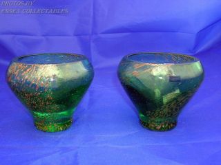 Caithness Crystal Scotland Art Glass 2 Green Gold Swirl Candle Holders P,  P
