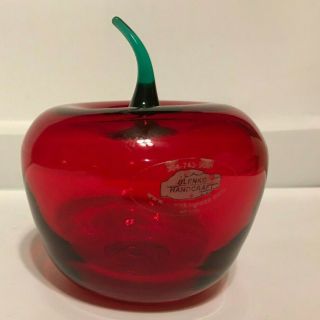 Richard Blenko Signed 2000 Handblown 4.  5 " Glass Red Apple W/green Stem & Label