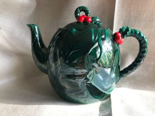 Vintage Lefton China Christmas Holly Berry 1357 Teapot With Lid