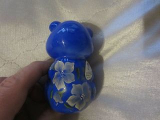 Fenton Art Glass Blue Sitting Bear Cub Floral Hand Painted B Stanley Label NR 4