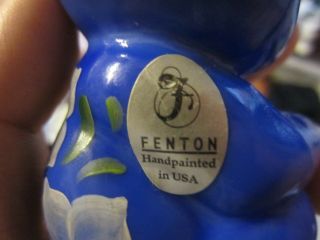 Fenton Art Glass Blue Sitting Bear Cub Floral Hand Painted B Stanley Label NR 7