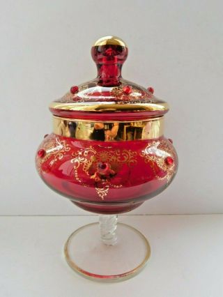 Moser? Small Red Glass Covered Comport Beautifully Gilded Jeweled Twisted Stem