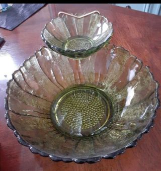 Vintage Anchor Hocking " Country Estate " Avocado Green 3 Piece Chip And Dip Set