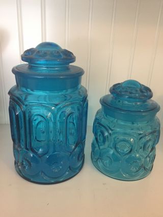 Le Smith Moon And Stars Turquoise Blue Canister Cookie Jars 9 1/2 " & 7 1/2”