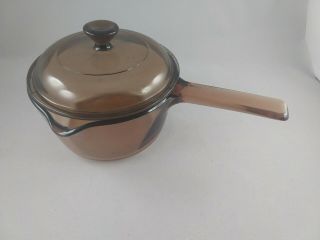Vintage Vision Corning Amber 1l Pot W/ Pyrex Lid