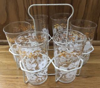 Vintage Federal Glass Tumblers White Flowers Gold Trim Wire Carrier 6 Drinking
