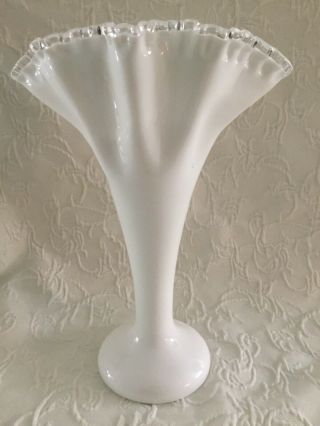 Vintage Tall Fenton Silver Crest Ruffled Milk Glass 13” Trumpet Fan Vase