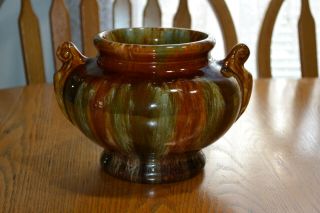 Brush Mccoy Art Pottery 8 Inch Wide Urn Vase Drip Glaze Green Blue