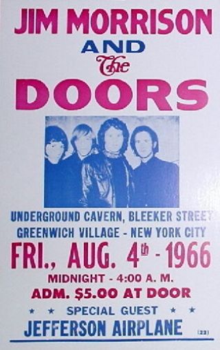 Jim Morrison & The Doors Concert Poster - 1966 W/ Jefferson Airplane - 14 " X22 "
