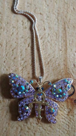 Prince Rogers Nelson Purple Large Crystal Love Symbol Butterfly Necklace