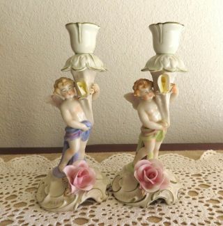 Antique Von Schierholz Dresden Porcelain Cherub Candle Holders