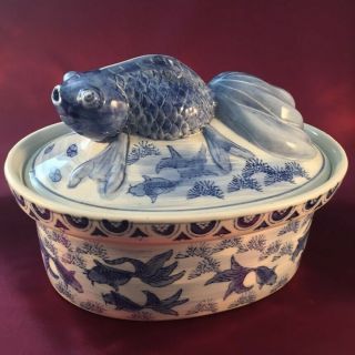 Asian Blue/white Oval Ceramic Koi Fish Lid/cover Vegetable/soup Tureen Bowl