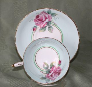 Paragon Large Cabbage Rose In Bowl & Saucer Cup,  Blue Background