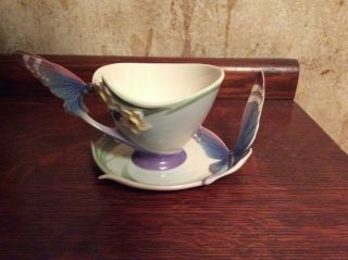 Franz Fz00213 Porcelain Blue Papillion Butterfly Handle Floral Tea Cup Saucer