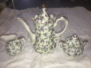 Lefton Chintz Violet Teapot Sugar & Creamer Set