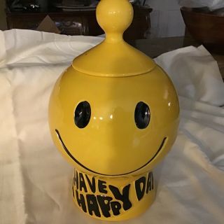Vintage Mccoy Smiley Face Cookie Jar Have A Happy Day See All Photos